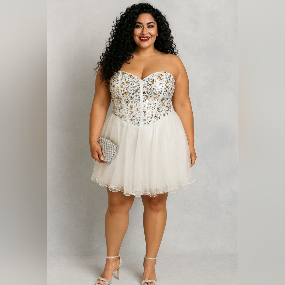 Deb Strapless White and Gold Dress. Size 22. Chiffon Flare Skirt